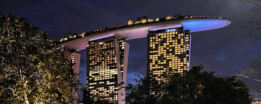marina bay sands at night time, trees in front